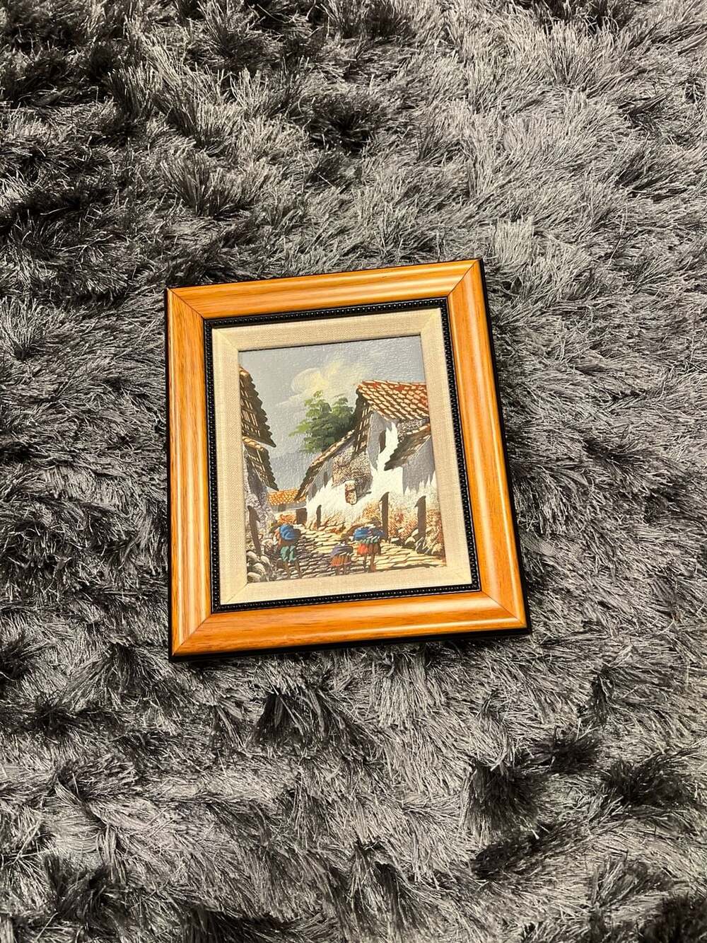Vintage Framed Village Street Scene Art Print with Linen Mat